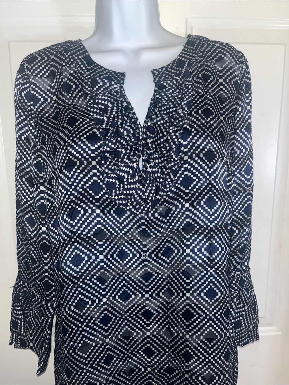 Tory Burch Navy and White Geometric Ruffle Tunic